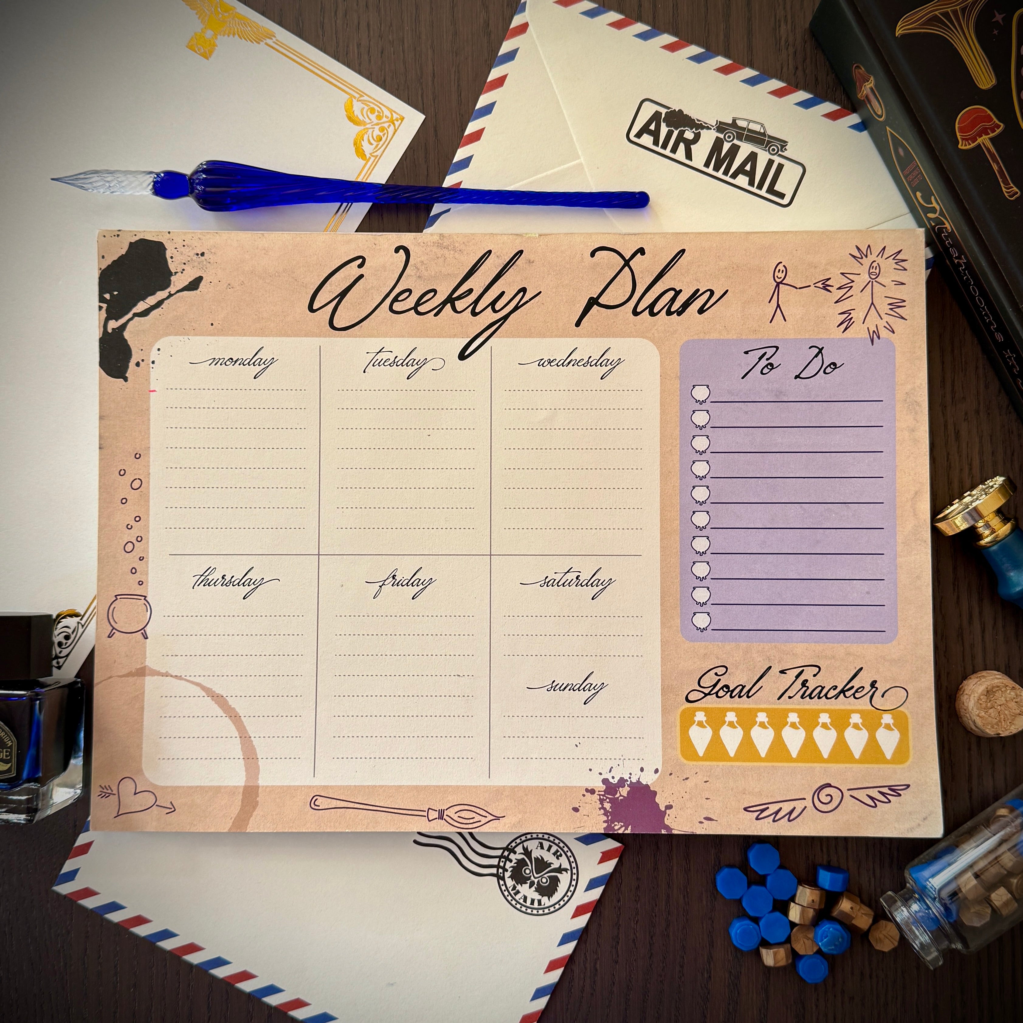 Undated wizard-themed weekly planner pad with Monday–Sunday boxes, To-Do list, and potion-bottle goal tracker.